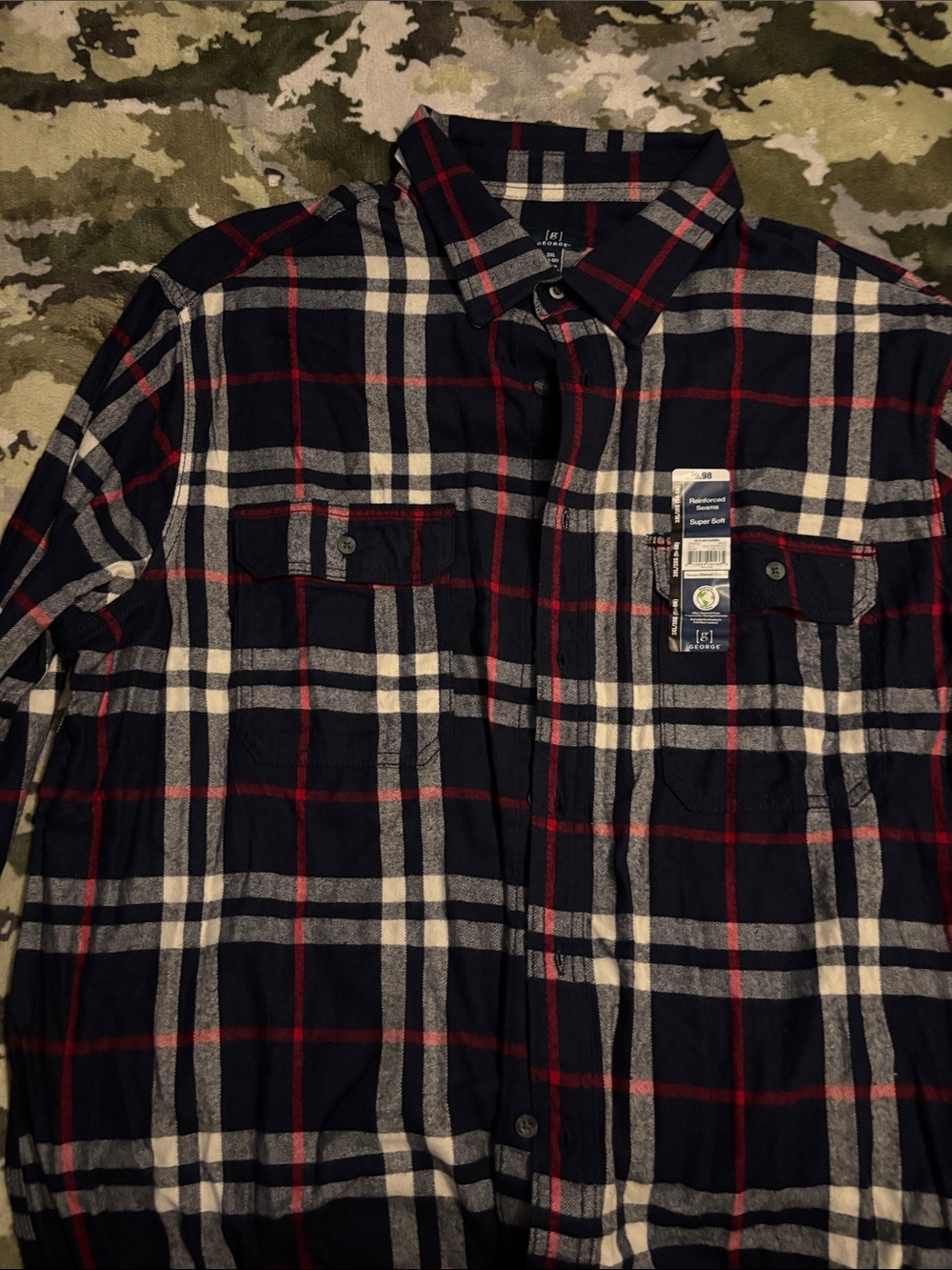 George Navy, White & Red Plaid Flannel Shirt